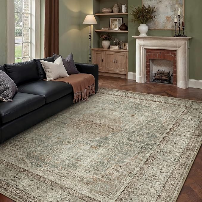 Sage Area Rug 5x7 for Living Room Washable Vintage Carpet Low Pile Non Slip Distressed Soft Traditional Retro Oriental Large Accent Throw Rug Office Kitchen Bedroom Dining Room