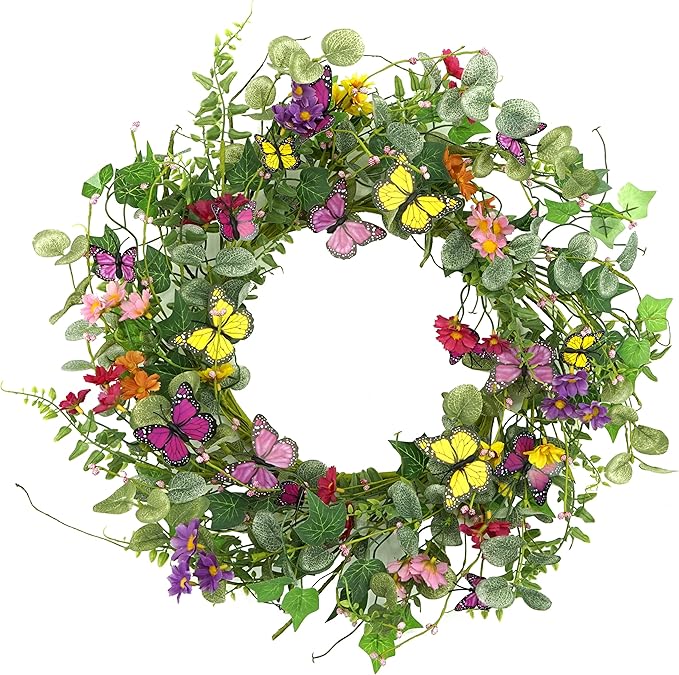 20" Artificial Spring Summer Wreath with Fake Butterflies,Eucalyptus Leaves,Daisy,Dry Vine Branches,Fern Leaves for Front Door Indoor Outdoor Farmhouse Wall Holiday Decor, White Gift Box Included