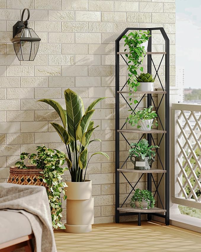 CHOEZON 5-Tier Corner Shelf, Industrial Corner Bookshelf, 59.4" Corner Storage Stand, Plant Stand Display Shelf, Corner Bookcase for Bedroom, Living Room, Home Office, Greige and Black TCJ10BG