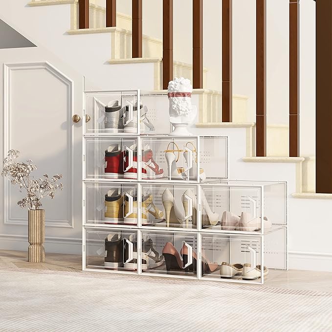 SEE SPRING XX-Large Shoe Storage Box Fit Size 13, Clear Plastic Stackable Shoe Organizer for Closet, Space Saving Sneaker Shoe Rack Containers Bins Holders for Entryway, Under Bed, 12 Pack Black