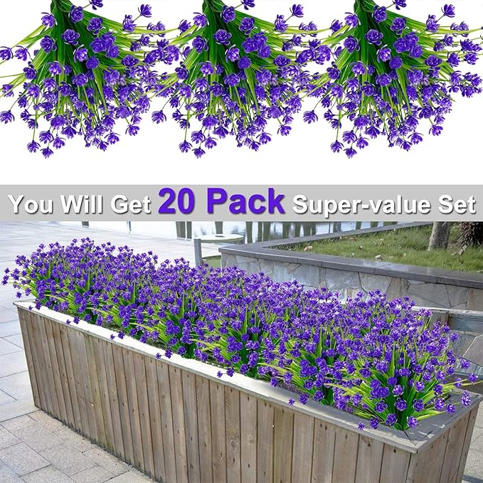 TURNMEON 20 Bundles Artificial Flowers for Outdoors Fake Plants Spring Decor, UV Resistant Artificial Plants Cemetery Flowers Faux Plastic Greenery Shrubs for Home Porch Summer Decor 500 Heads(Purple)