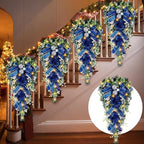 Lyrow 4 Pcs Cordless Prelit Christmas Artificial Swags 24" Xmas Stairway Swag Teardrop Trim with Timer Christmas Staircase Decoration Battery Operated Garland for Indoor Outdoor Railing Decor, Blue