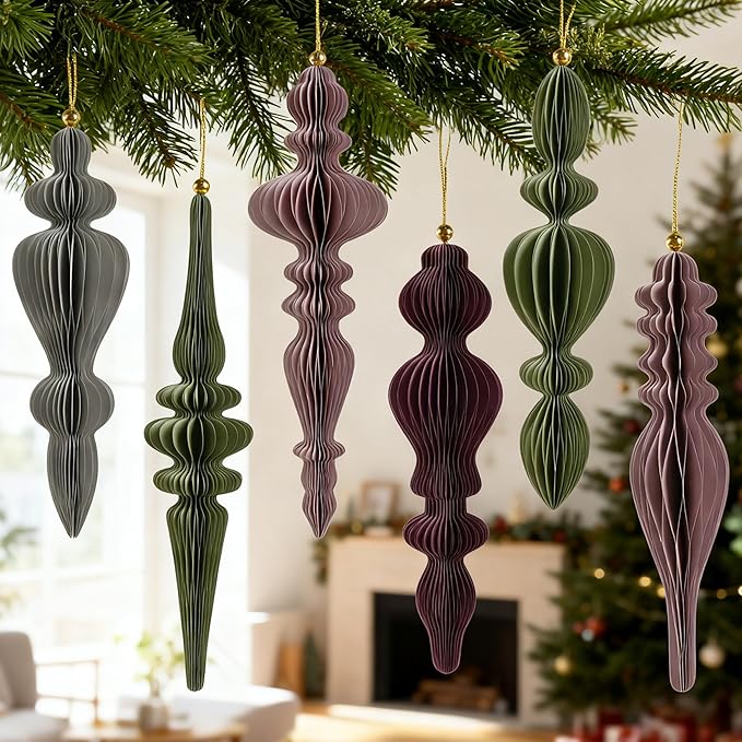 6Pcs Christmas Honeycomb Ornaments for Tree, 3D Paper Honeycomb Hanging Decorations Neutral Finial Christmas Ornaments Lanterns for Xmas Tree New Year Holiday Party Home Decor, Green Pink Gray