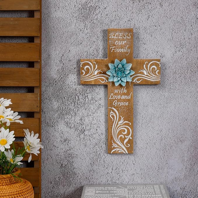 TRENDIN Rustic Cross Decor for Wall, Wooden Decorative Wall Cross with Metal Flowers, Bless Our Family Christian Home Decor, Farmhouse Hanging Art for Living Room, Entryway, Bedroom
