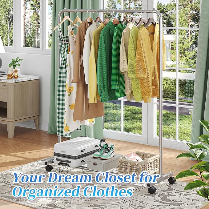Simple Trending Standard Clothes Clothing Garment Rack with Storage Shelves, Rolling Clothes Organizer on Wheels for Hanging Clothes, Silver