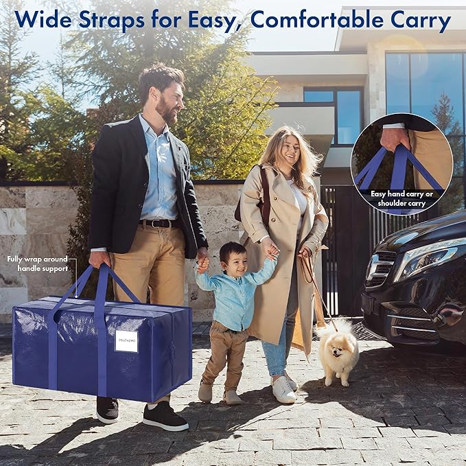 6 Pack Extra Heavy Duty Large Moving Bags with Strong Zipper & Comfortable Handles - Sturdy & Durable Clothes Storage Bags Totes Bins - Large Storage Totes for Dorm, Space Saving - (Dark Blue)