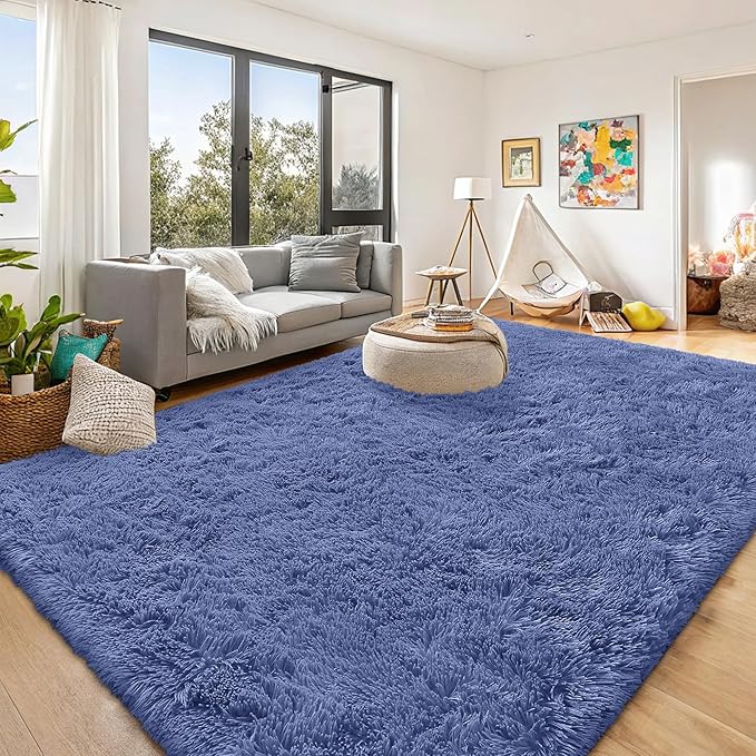 OLANLY 8x10 Machine Washable Large Area Rugs for Living Room, Bedroom, Soft Fluffy Shaggy Bedside Rug, Indoor Floor Carpet for Kids Girls and Boys, Dorms, Nursery, Home Decor Aesthetic, Denim Blue