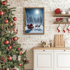 Framed Christmas Wall Decor, Santa Claus Delivering Christmas Gifts Canvas Prints Winter Holidays Pine Trees Wall Art Night Sky Reindeer Snow Scene Artwork for Living Room – 16x24in