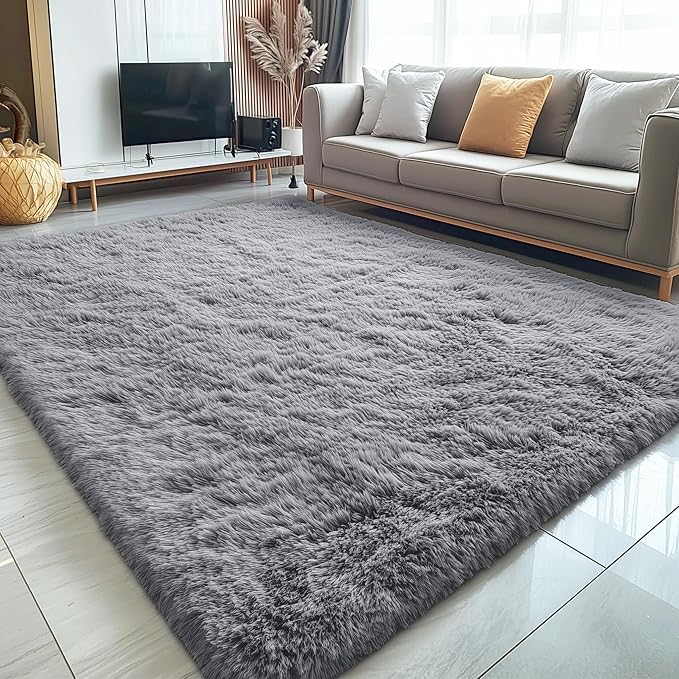 OLANLY 8x8 Machine Washable Large Area Rugs for Living Room, Bedroom, Soft Fluffy Shaggy Bedside Rug, Indoor Floor Carpet for Kids Girls and Boys, Dorms, Nursery, Home Decor Aesthetic, Light Grey