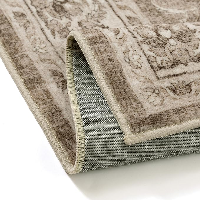 5x7 Area Rug Brown Washable Living Room Vintage Carpet Bedroom Distressed Non Slip Low Pile Thin Dining Room Office Medallion Accent Throw Rug