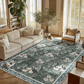 Vintage Floral with Ornate Border Washable 6x9 Area Rug, Soft Low Pile Carpet for Living Room, Dining Room Under Table, Bedroom | Non-Slip, Stain Resistant & Durable