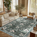 Vintage Floral with Ornate Border Washable 6x9 Area Rug, Soft Low Pile Carpet for Living Room, Dining Room Under Table, Bedroom | Non-Slip, Stain Resistant & Durable