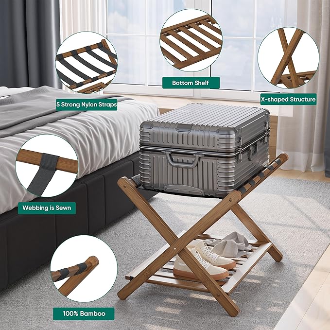 Smuxee Fully Assembled Black Walnut Luggage Racks Pack of 2, Upgraded Bamboo Foldable Suitcase Stand with 5 Nylon Straps, Luggage Holder with Shelf for Guest Room Bedroom Hotel
