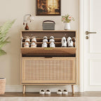Shoe Cabinet for Entryway with 2 Flip Drawers, Slim Wooden Shoe Storage Organizer with Modern Fluted Pannel，Freestanding Narrow Hidden Shoe Rack for Hallway, Foyer, Living Room