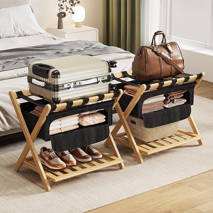 Full Assembled 26.77"L Luggage Rack for Guest Room, Set of 2 Foldable Suitcase Stand with 5 Nylon Straps & Cloth Bag, Luggage Stand Holder with Shoe Shelf for Suitcases Hotel (Natural Wood Bamboo)