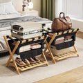 Full Assembled 26.77"L Luggage Rack for Guest Room, Set of 2 Foldable Suitcase Stand with 5 Nylon Straps & Cloth Bag, Luggage Stand Holder with Shoe Shelf for Suitcases Hotel (Natural Wood Bamboo)
