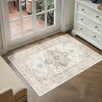 Taupe Area Rug 2x3 Washable Vintage Entryway Carpet Non Slip Retro Distressed Door Mat Low Pile Soft Oriental Medallion Thin Small Throw Rug for Kitchen Bedroom Office Bathroom Laundry