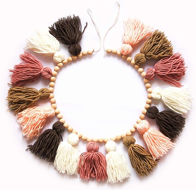 Tassel Garland - Boho Tassel Garland with Wood Beads - Wall Decor for Dorm, Girls Room and Nursery Room (43 inch) - Blush and Terra Cotta