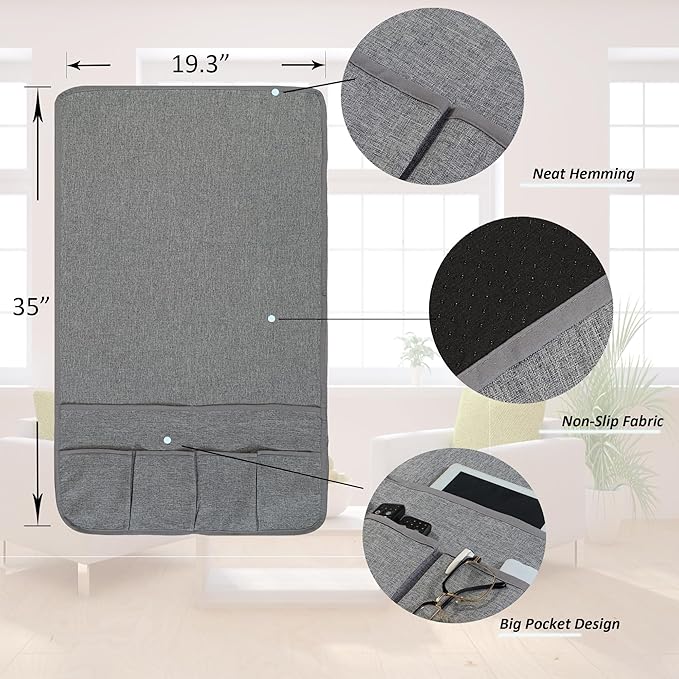 Faux Linen Armchair Caddy for Couch Remote Control Holder Non-slip Sofa Armset Organizer Caddy Storage for Recliner Couch 6 Pocket for Magazine 35"x19.5" Grey Linen 1 Piece