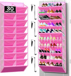 10-Tier Over the Door Shoe Organizer, 20 Pockets Holds 20-30 Pairs, Heavy-Duty Oxford Fabric with Hexagon Mesh for Boots & Sneakers- Pink