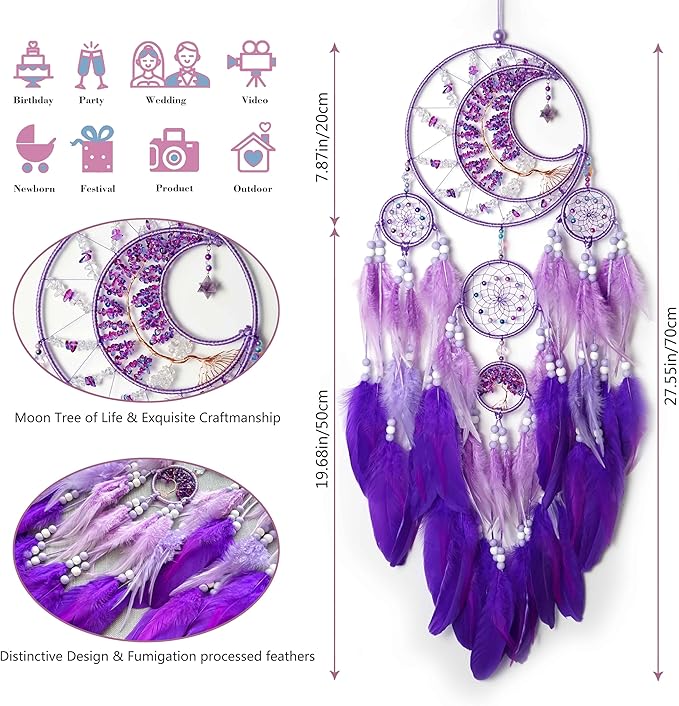Large Dream Catchers, Handmade Woven Moon Healing Crystal Stone Dream Catcher Wall Hanging Ornament for Bedroom Living Room Wedding Party Decor, Festival Blessing Craft Gift (Purple Moon)