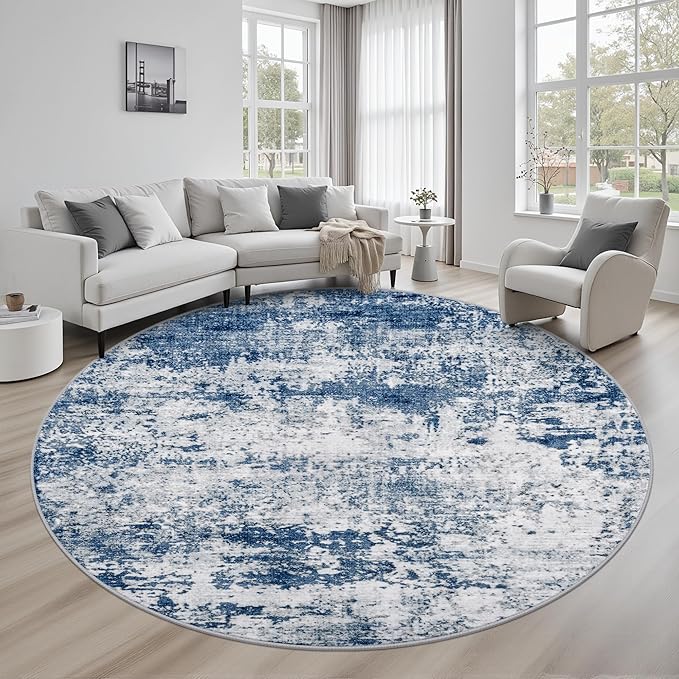 Round Area Rug for Living Room: 6 ft Washable Modern Abstract Soft Thin Rug Indoor Floor No Slip Stain Resistant Carpet for Bedroom Dining Room Farmhouse Nursery Home Office - Blue