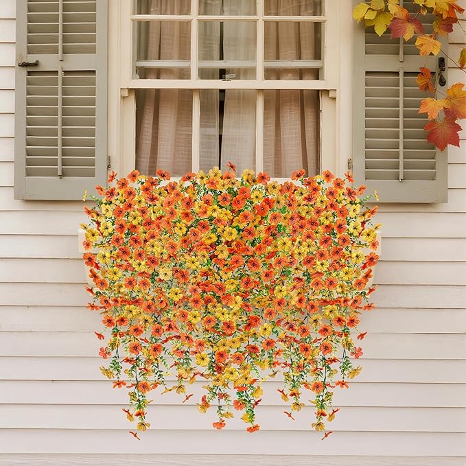 Artificial Hanging Flowers for Outdoors Fake Plants Decoration, 2 Packs Faux Silk Daisy Flower Realistic Outdoor Flowers UV Resistant Porch Patio Window Yard Indoor Spring Decor(Yellow Orange)
