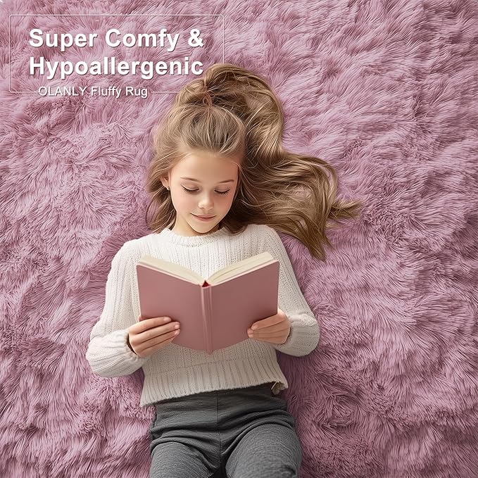 OLANLY Area Rugs for Living Room Bedroom, Machine Washable 4x5.9 ft Soft Fluffy Shaggy Bedside Rug, Indoor Floor Carpet for Kids Girls and Boys, Dorms, Nursery Rooms, Home Decor Aesthetic, Blush