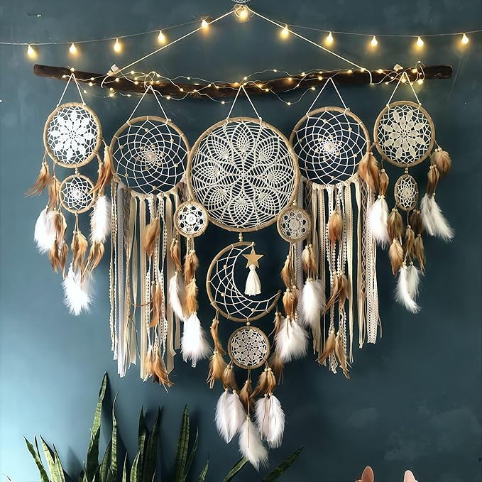 Set of 5 Boho, Hanging Large Boho Dream Catcher Macrame Wall Hanging Moon Dream Catcher Set Dream Catchers Wall Decor for Vintage Wedding Home Decorations (E)