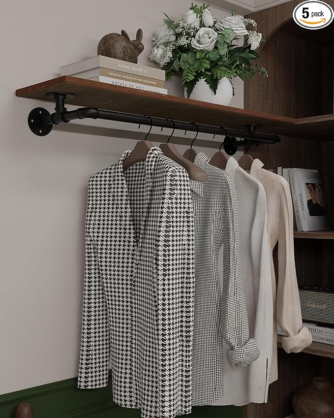 Clothes Rack 42in, Wall Mounted Garment Rack with Real Wood Shelf, Heavy Duty Hanging Clothes Rack, Multi-Purpose Hanging Rod, Space-Saving Closet Storage