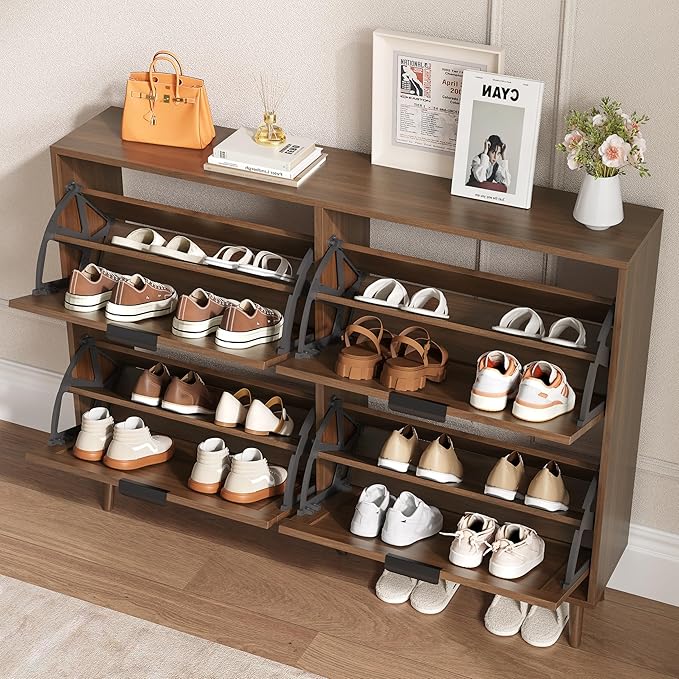 Shoe Cabinet for Entryway with 4 Flip Drawers, Slim Wooden Shoe Storage Organizer with Modern Fluted Pannel，Freestanding Narrow Hidden Shoe Rack for Hallway, Foyer, Living Room