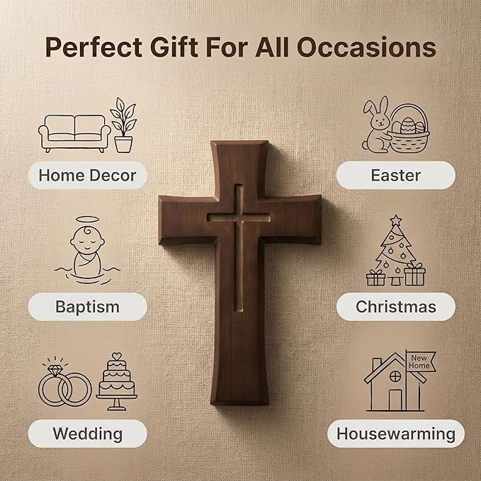 YOYAI Wooden Cross Wall Decor, Handcrafted Christian Cross 9.96”, Solid Wood Religious Wall Hanging, Faith Home Decor for Prayer Room, Baptism Gift, Easter & Christmas