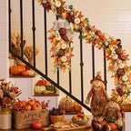 Valery Madelyn 24 inch Fall Pumpkin Teardrop Swag Autumn Harvest Door Hanger with Striped Bow, Mini Pumpkins, Eucalyptus, Raffia & Berry Sprays for Front Door, Mantel Thanksgiving Table Centerpiece