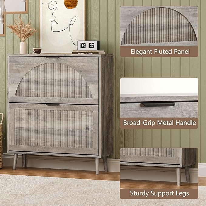 Shoe Cabinet for Entryway with 2 Flip Drawers, Slim Wooden Shoe Storage Organizer with Modern Fluted Pannel，Freestanding Narrow Hidden Shoe Rack for Hallway, Foyer, Living Room