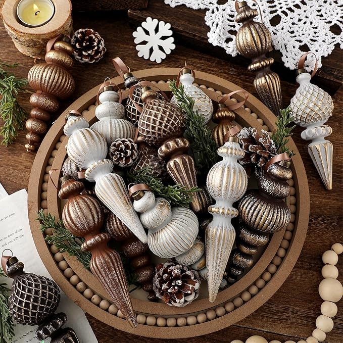Yunlly 18 Pcs Neutral Christmas Ornaments Textured Christmas Tree Decor with Hanging Loop Modern Brown Hanging Ornaments Finial Shatterproof Decor for Xmas Tree Vintage Rustic Ivory Farmhouse