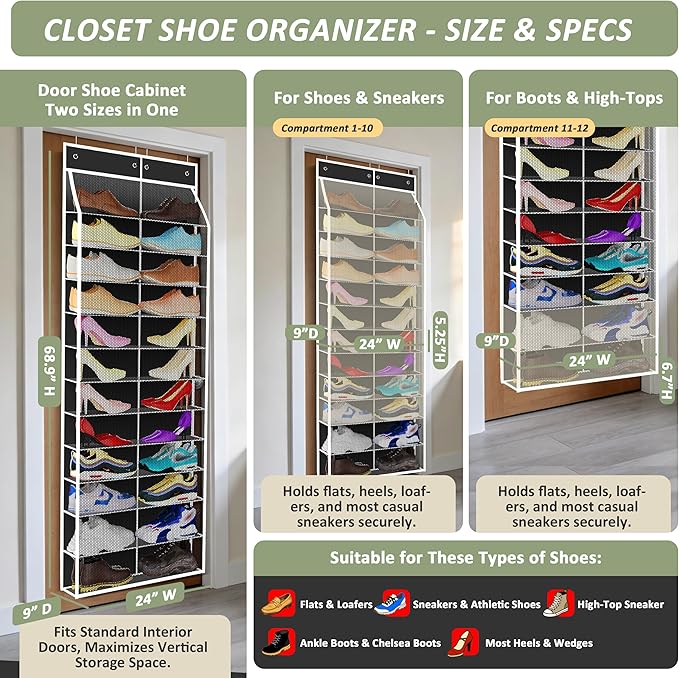 24-Pair Over Door Shoe Organizer for Family & Kids, Double Sided | Hanging Storage for Sneakers, Boots, Toys & Room Organization-Obsidian Black