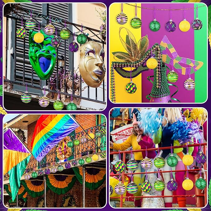 Zeyune 16 Pcs Mardi Gras Ball Ornaments 1.97" Mardi Gras Hanging Sequin Balls Decorations Purple Yellow Green Crown Mask Glitter Hanging Ornaments for Tree Carnival Holiday Party Favors