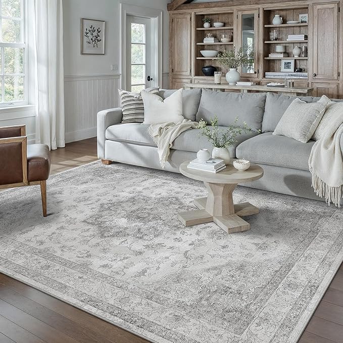 Gray Area Rug 9x12 Washable Living Room Carpet Vintage Non Slip Soft Bedroom Indoor Office Retro Grey Low Pile Thin Oriental Medallion Large Rug for Dining Room Bathroom Playroom