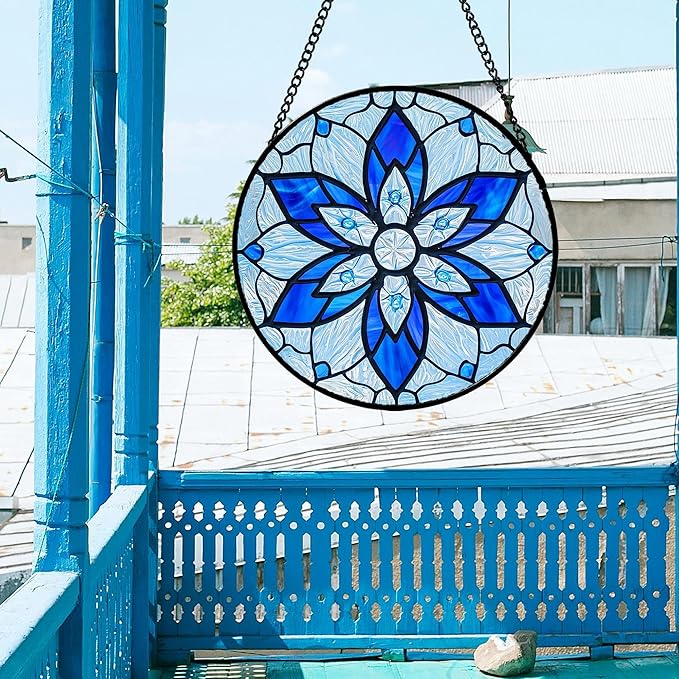 Stained Glass Window Hanging, Blue Tiffany Style Flowers Sun Catcher for Window Door Home Decor Suncatcher Christmas Mother's Day Birthday Gifts for Women Men Mom and Nana 7.8 in