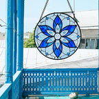Stained Glass Window Hanging, Blue Tiffany Style Flowers Sun Catcher for Window Door Home Decor Suncatcher Christmas Mother's Day Birthday Gifts for Women Men Mom and Nana 11.8 in