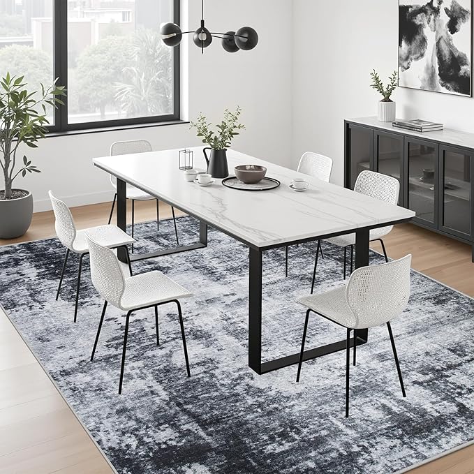 10x12 Area Rug Living Room Rug: Washable Modern Abstract Soft Thin Rug Indoor Floor No Slip Stain Resistant Carpet for Bedroom Dining Room Farmhouse Nursery Home Office - Dark-Black