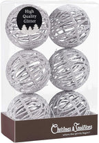 Christmas Traditions 4 inch Silver Glittered Rattan Ball Ornaments Hanging Tree Decorations (Set of 6)