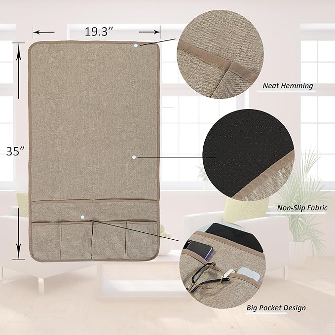 Faux Linen Armchair Caddy for Couch Remote Control Holder Non-slip Sofa Armset Organizer Caddy Storage for Recliner Couch 6 Pocket for Magazine 35"x19.5" Linen 1 Piece