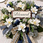Waipfaru Spring Summer Wreaths for Front Door, 22 Inch Magnolia Wreath with Eucalyptus & Blue Grey Burlap Bow, Front Door Wreath for Farmhouse Porch Outdoor Decor Outside All Season (1 Pcs)
