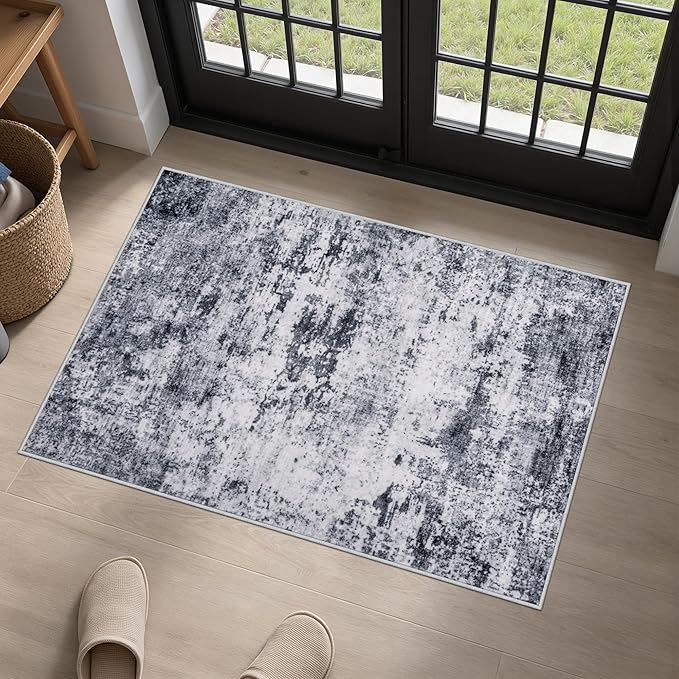 Washable Area Rug 2x3 Entryway Rug: Washable Modern Abstract Soft Thin Rug Indoor Floor No Slip Stain Resistant Carpet for Bedroom Dining Room Farmhouse Nursery Home Office - Grey