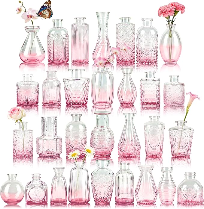 Der Rose Pink Glass Bud Vases Set of 30, Small Bud Vases for Flowers, Rustic Wedding Centerpieces and Home Decor