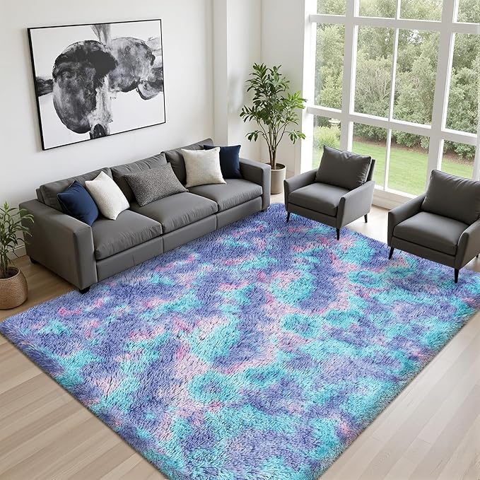 Fluffy Area Rugs 9x12 Living Room Bedroom: Ultra Soft Shag Rug Upgrade Non-Slip Non-Shedding Large Fuzzy Plush Carpet Indoor Floor Carpets for Kids Room Playroom Nursery Dorms Home Rainbow Purple