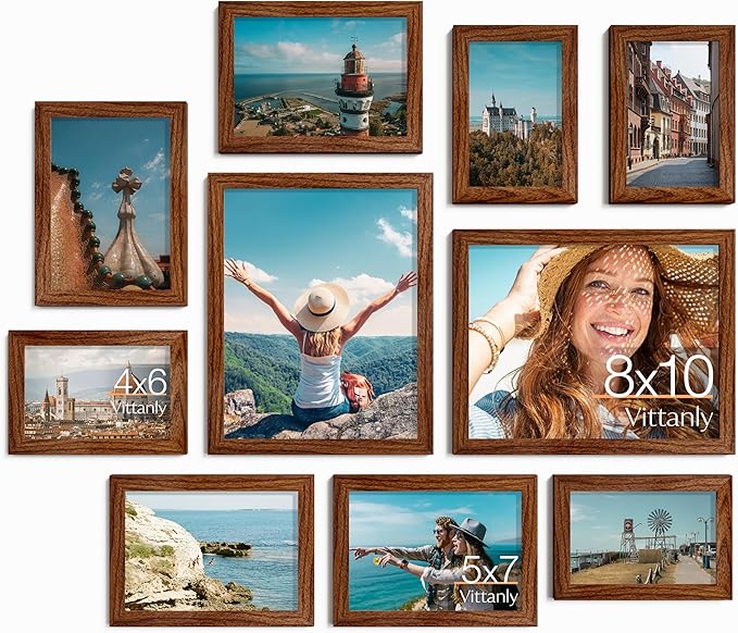 Vittanly Picture Frames Set of 10, Picture Frames Collage Wall Decor with Two 8x10, Four 5x7, and Four 4x6 Photo Frames, Gallery Wall Frame Set for Wall or Tabletop Display, Walnut Brown