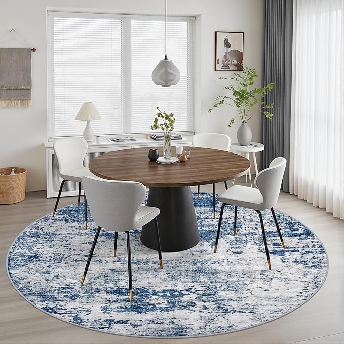 Round Area Rug for Living Room: 6 ft Washable Modern Abstract Soft Thin Rug Indoor Floor No Slip Stain Resistant Carpet for Bedroom Dining Room Farmhouse Nursery Home Office - Blue