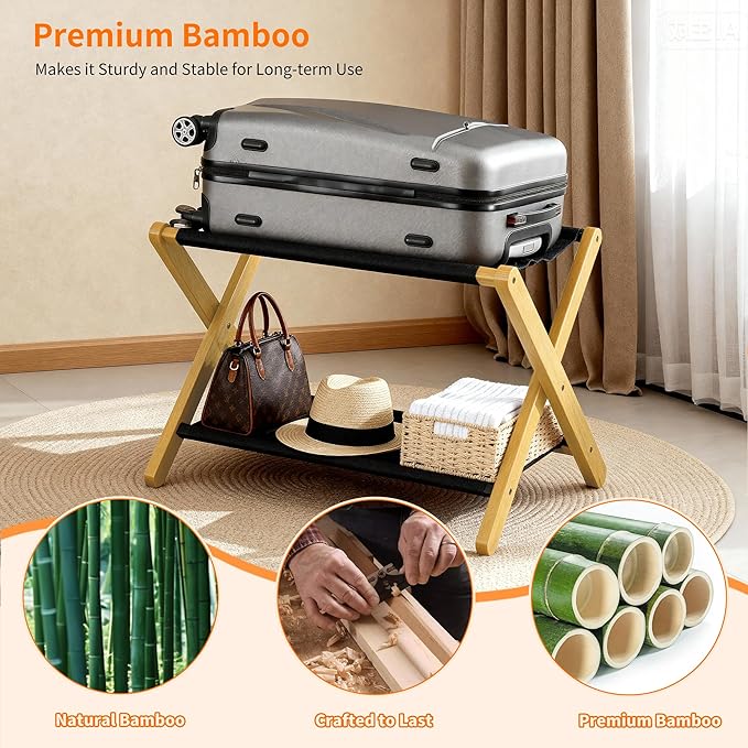 Heybly Luggage Rack, Pack of 2, Folding Suitcase Stand with Storage Shelf, Heavy-Duty Luggage Holder for Guest Room Bedroom Hotel, Holds up to 165 lb,Natural, HLR010N2
